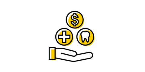 hand holding three circles, medical, dental and money sign