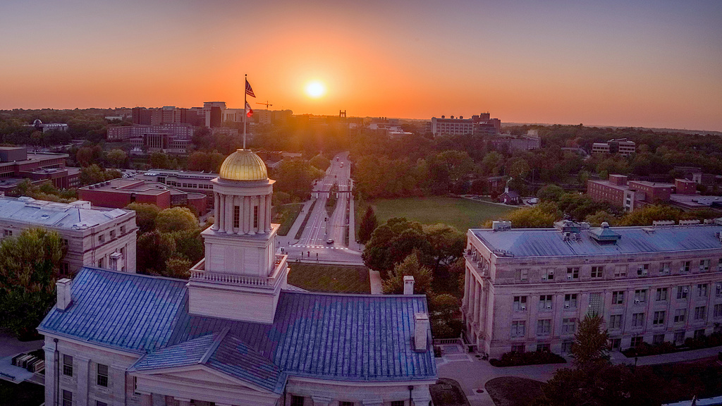 Aerial view of Old Capitol at sunset