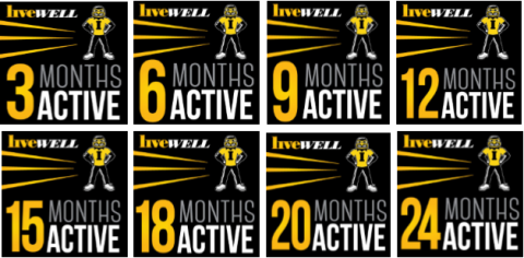 Badges recognizing 3, 6, 9, 12, 15, 18, 20, and 24 month participation