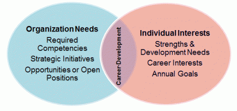 1 circle (Organizational Needs) overlaps another circle (Individual Interests) and in the overlap is Career Developmentividual Interests 