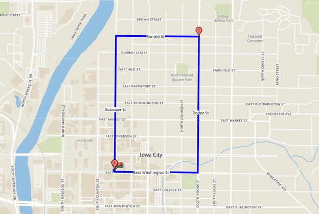 Map routing a 2-mile walking loop through downtown Iowa City.