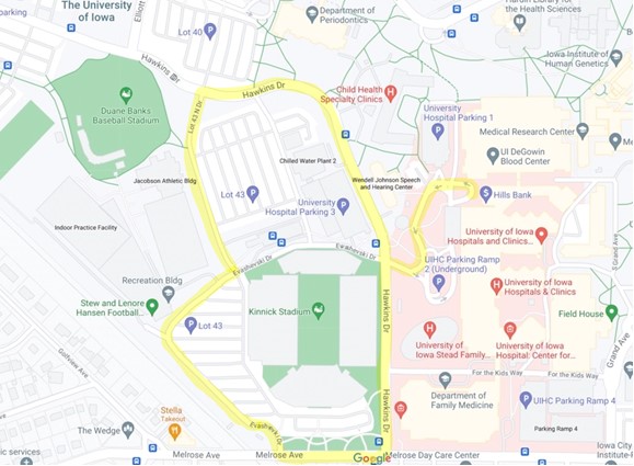 Walking route around Kinnick Stadium and University Parking Lot 3