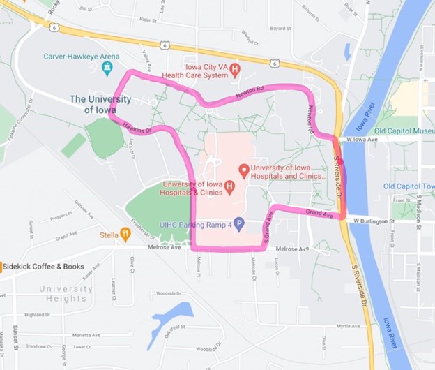 Walking route around University of Iowa Hospitals and Clinics