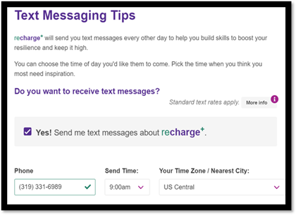 Image of screen where you opt in to receive text messages and indicate send time.