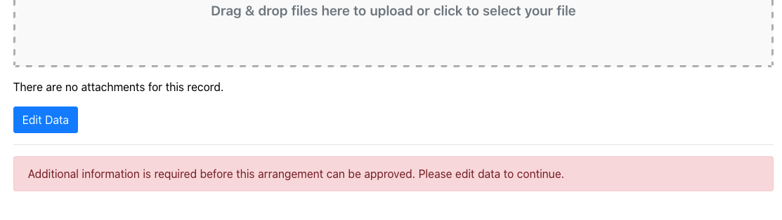 Screenshot of Workflow arrangement application additional information needed box
