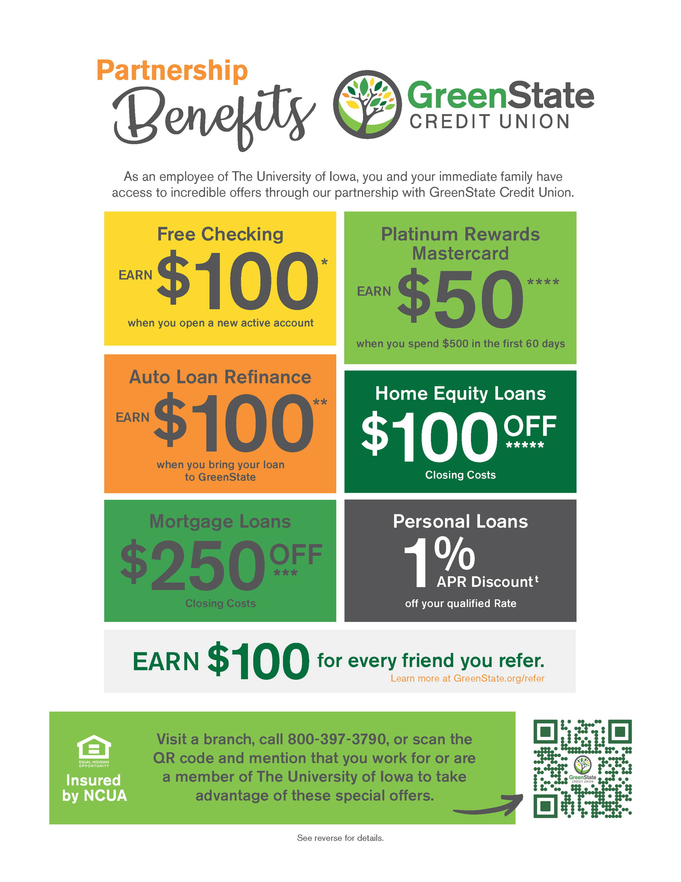 flyer with different types of incentives from GreenState Credit Union
