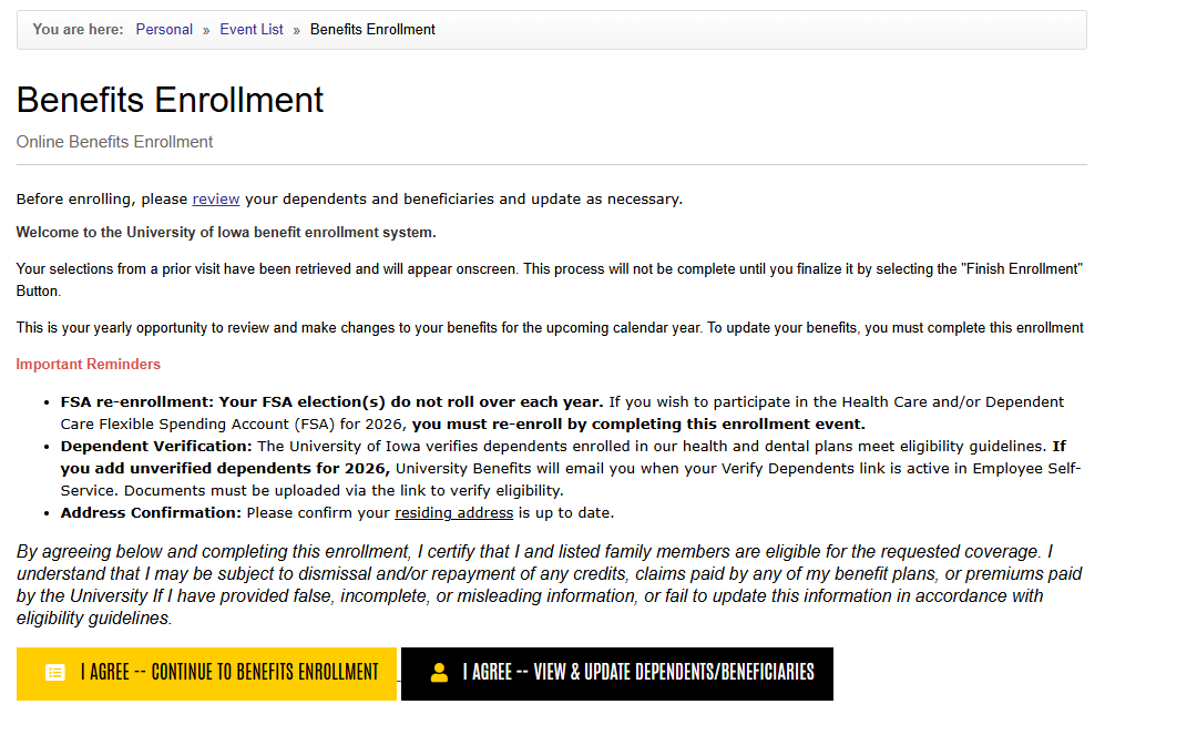 screen that shows important reminders and two buttons at the bottom