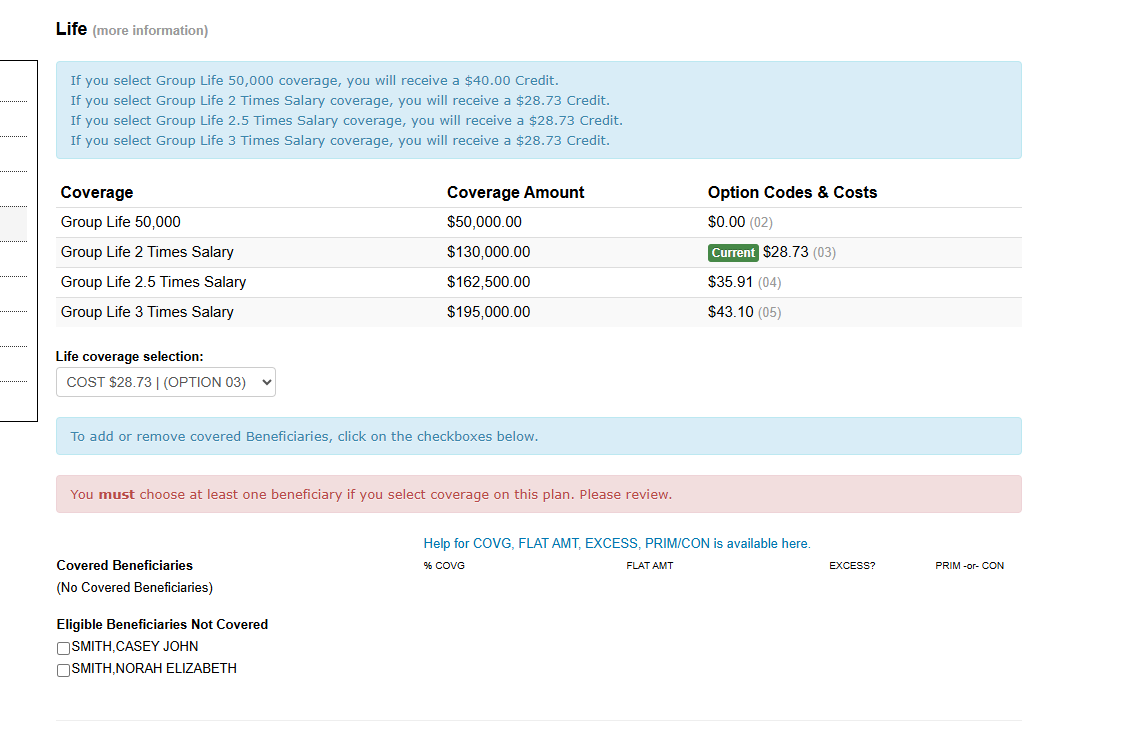 Regular Employee - Group Life Enrollment screenshot