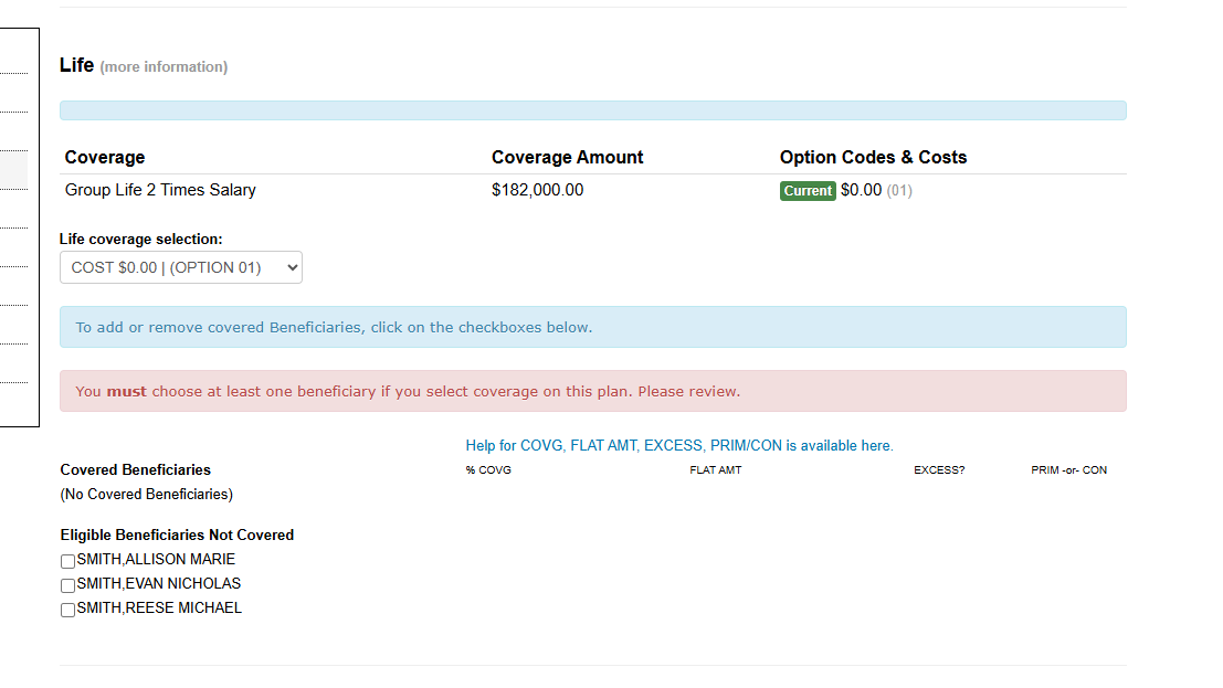 House Staff group life coverage election screen shot
