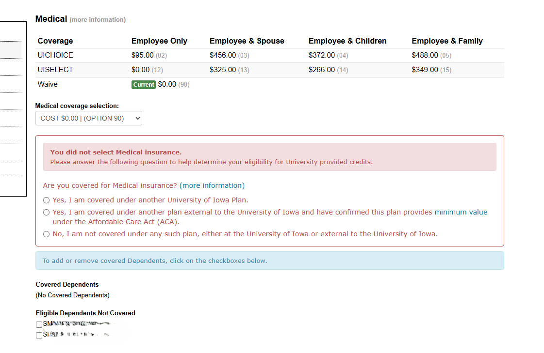 Attestation message that pops up during enrollment regarding waiving your coverage.