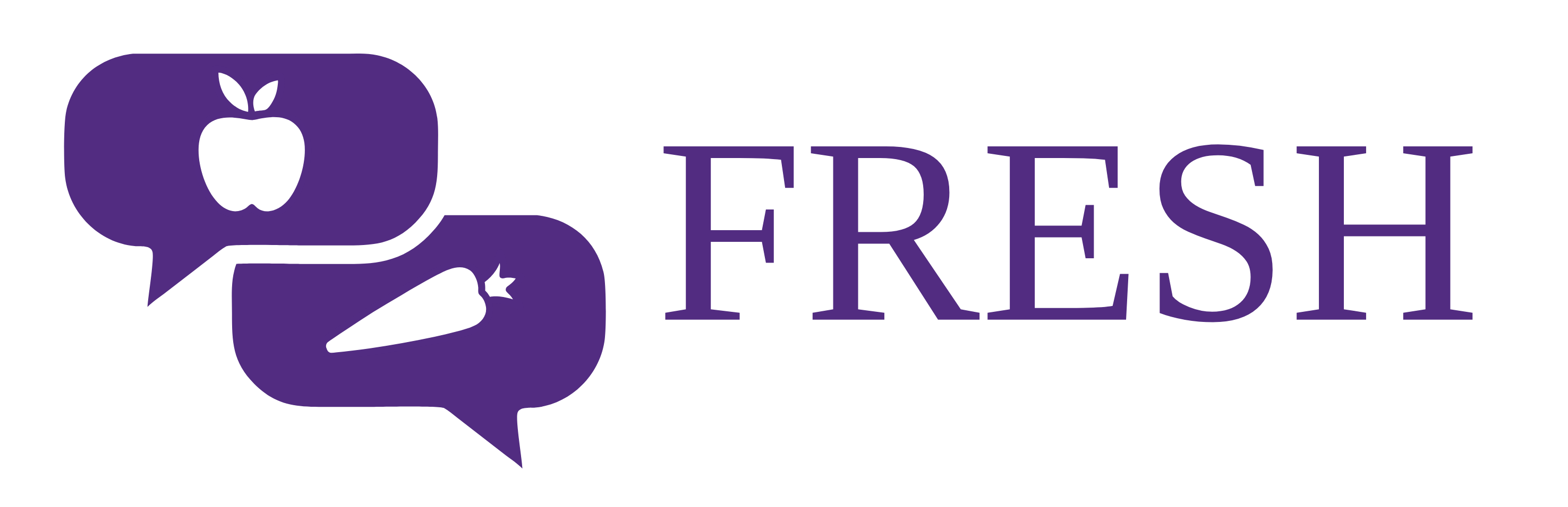 purple "fresh" logo with a speech bubble including an apple and carrot