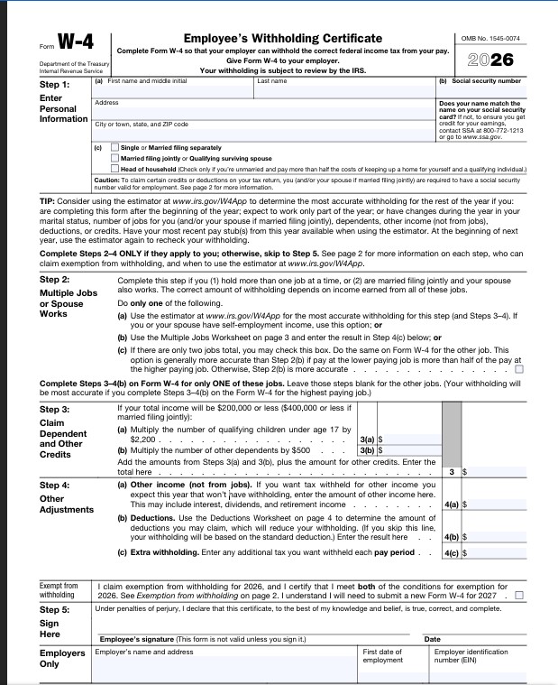 2026 W-4 federal W-4 screenshot