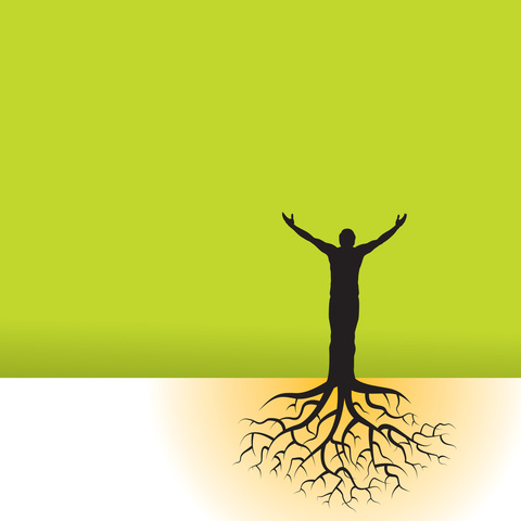outline graphic of person with roots growing below them against green background