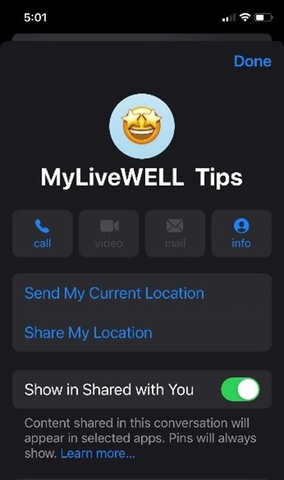 Screen shot of phone – saved text number as “ MyliveWELL Tips”