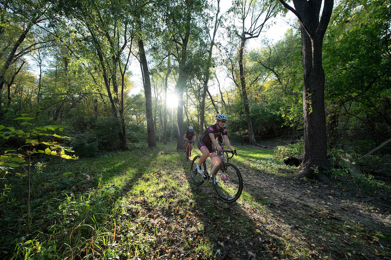 sunlight through green trees in woods behind group of people on bikes