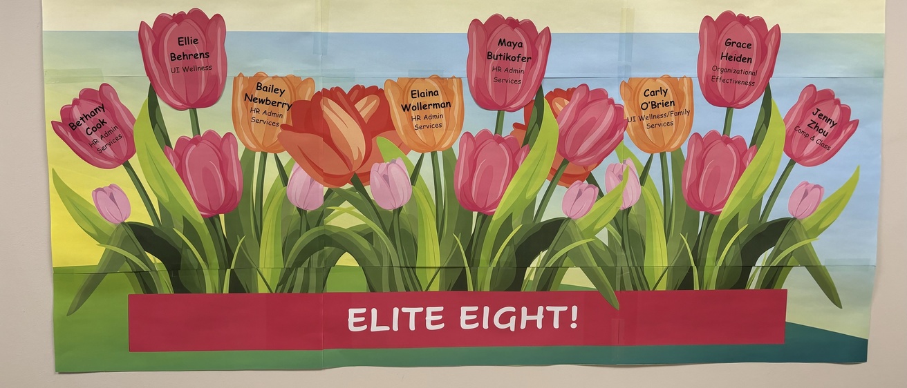 A springtime banner recognizes student employees