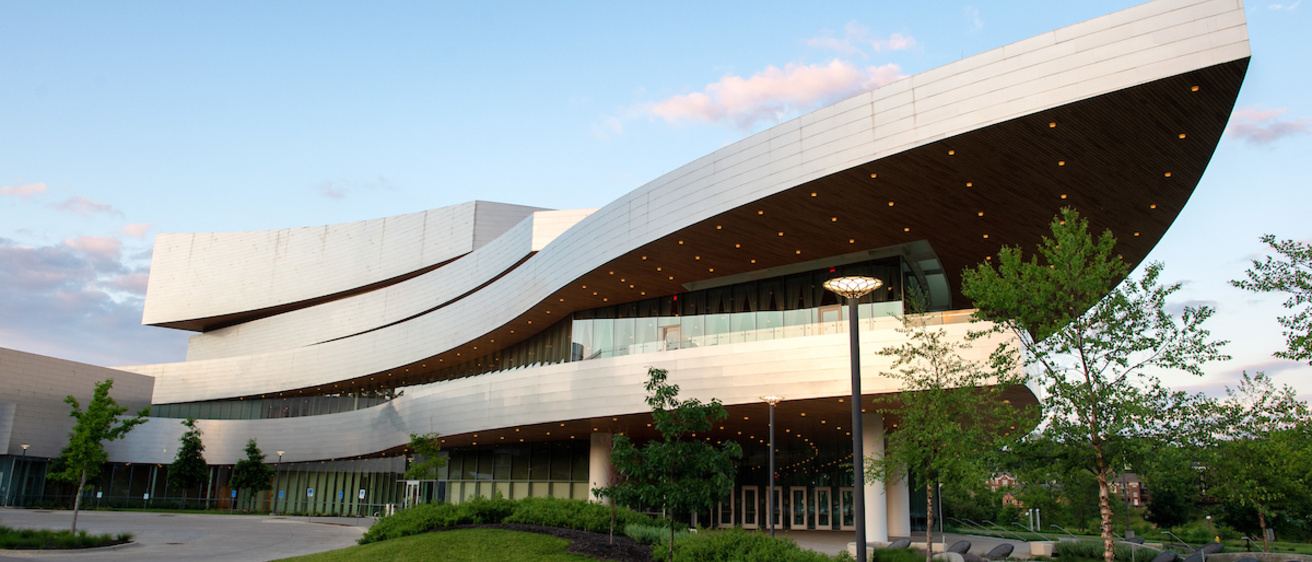 Photo of the outside of Hancher Auditorium