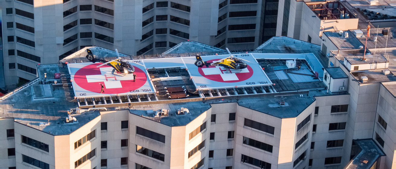 AirCare helicopters on the roof of the hospital at University of Iowa Health Care
