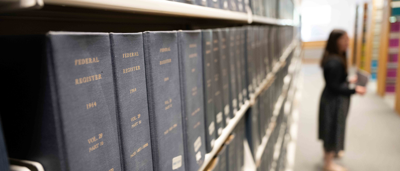 Books in the foreground at the Law Library