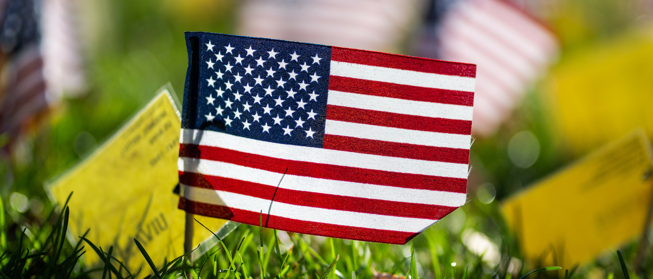 American flags displayed on the lawn in front of the Old Capitol Building