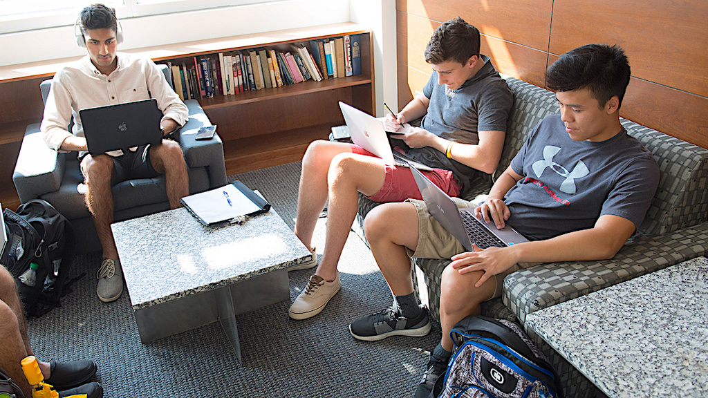 A group of students studying in a sunlit room.