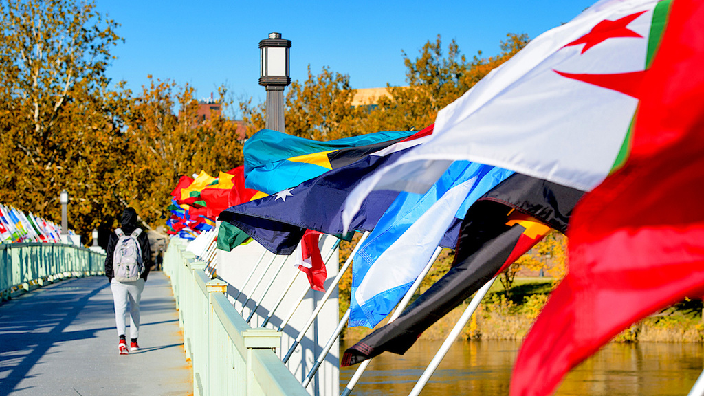 International flags waving from the Iowa Memorial Union foot bridge.