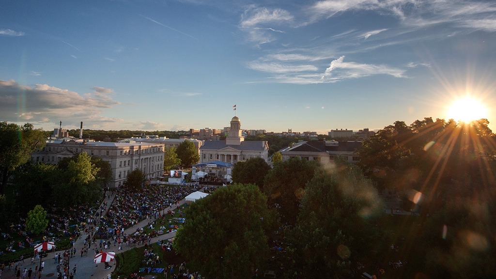 ariel view of the pentacrest and capitol building on the fourth of july