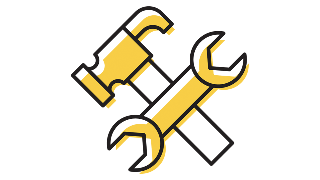 Illustration of hammer and wrench.