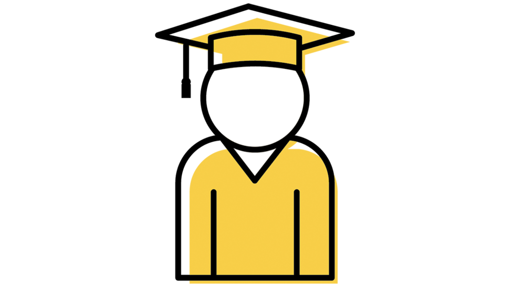 Line drawing of person wearing graduation cap.