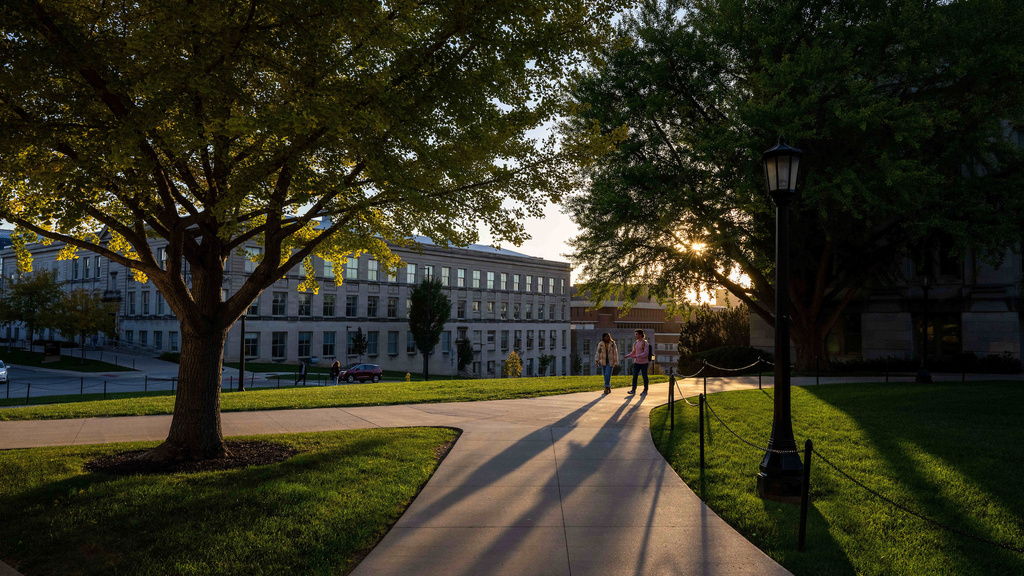 two individuals walking through trees on campus