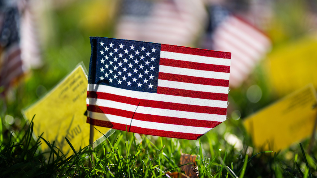 American flags displayed on the lawn in front of the Old Capitol Building