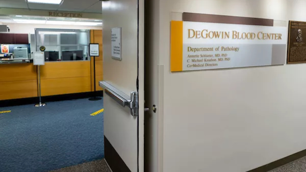door outside DeGowin Blood Center looking inside