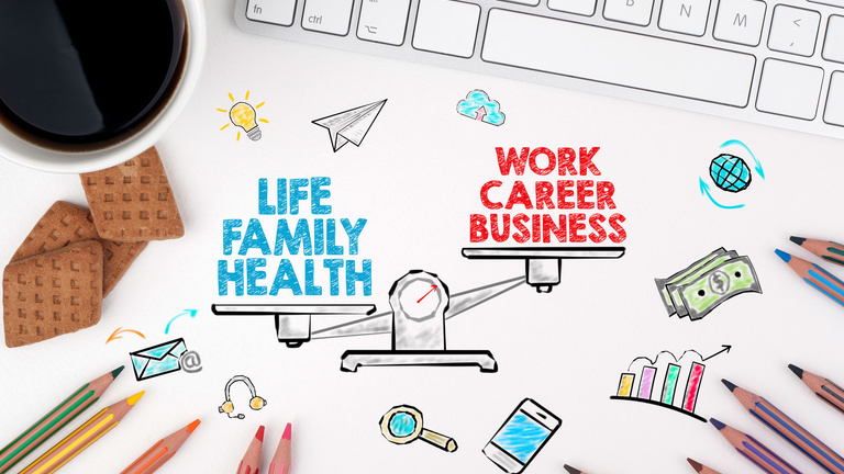 computer keyboard, cup of coffee, with the words, life, family, health, work career business written on the desk