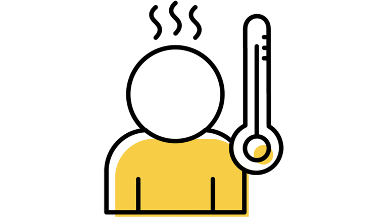 person with heat rising from head and thermometer next to them