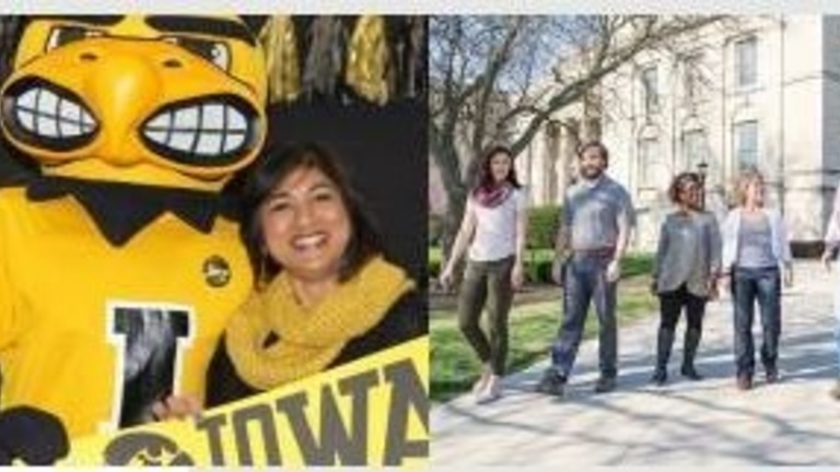 Herky with Wellness Ambassador Sonatine Fernandez next to second photo of people walking together on UI Pentacrest